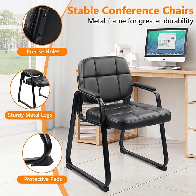 CLATINA Waiting Room Guest Chair with Bonded Leather Padded Arm Rest for Office Reception and Conference Desk Black with Sled Base