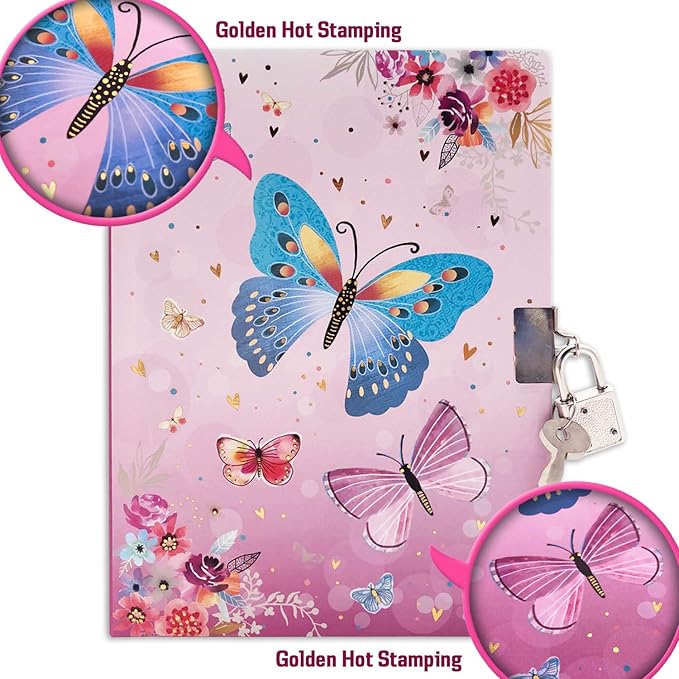 Girls Diary with Lock for Kids, 7x5.25 Inches 160 Lined Pages Secret Pink Butterfly Notebook for Girls Journal with Lock for Kids Pre School Writing Drawing Cute Girls Gifts for Birthday