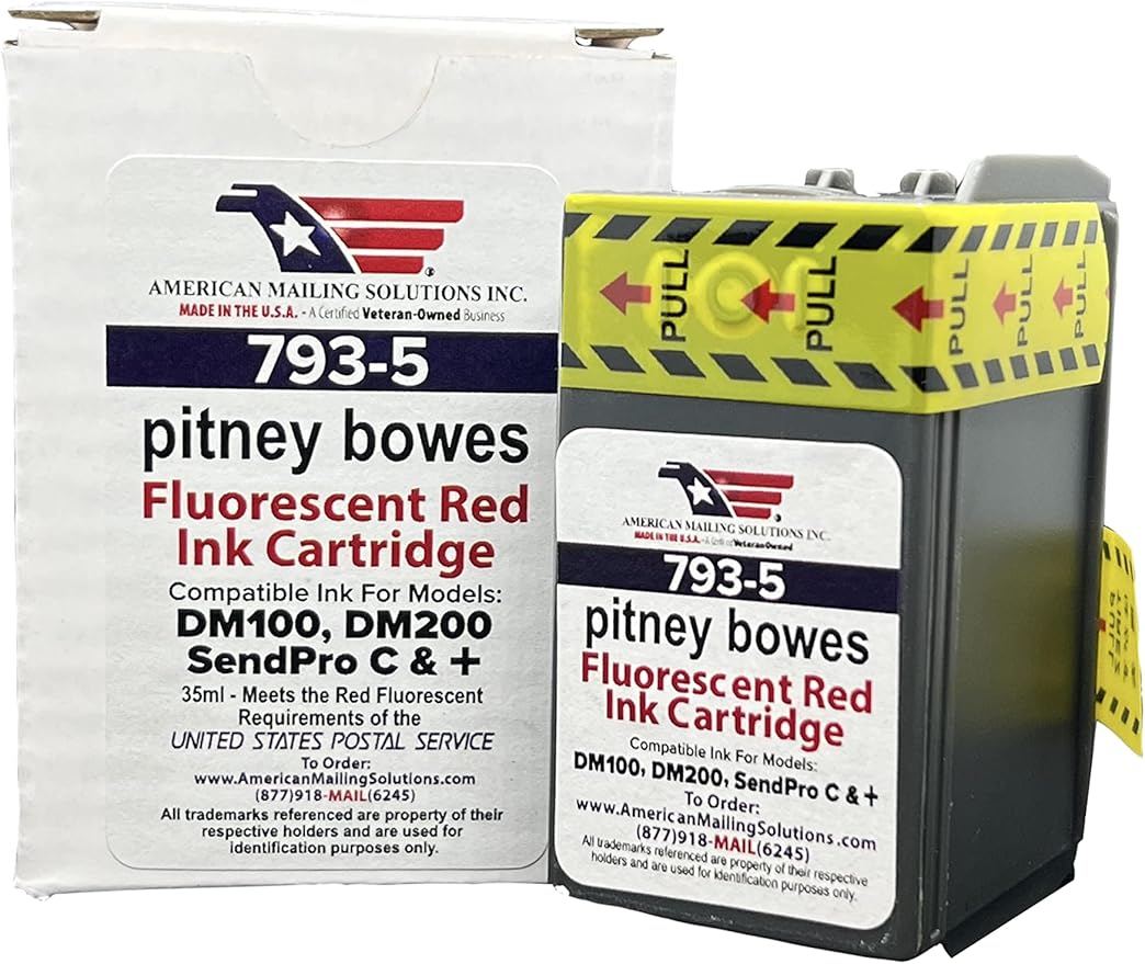 AMERICAN MAILING SOLUTIONS INC. | 2-Pack | PB 793-5 Replacement Red Fluorescent Ink Cartridge for Postage Meters DM100i, DM125i, DM150i, DM175i, DM200L, DM225, SendPro 300, C200, C300, C400, C425