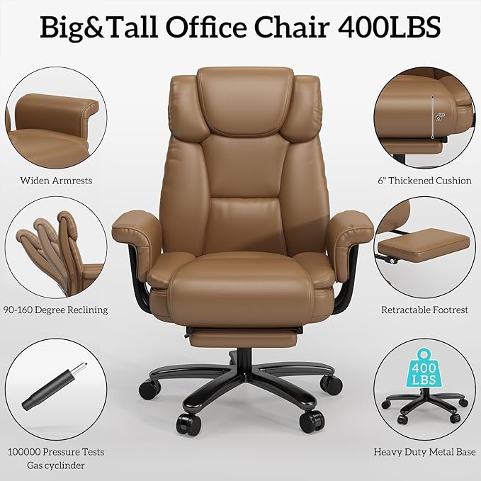 GYI Criss Cross Chair with Wheels, 160°Big and Tall Reclining Office Desk Chair with High Back, Wide Seat, Arms, Footrest, Brown