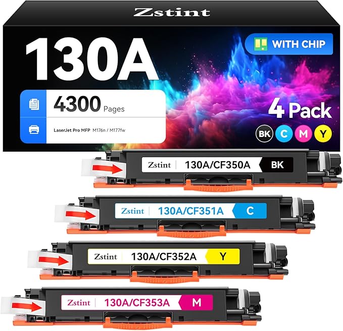 130A Toner Cartridge Set（4-Pack Black Cyan Yellow Magenta） High Yield Replacement for HP 130A CF350A CF351A CF352A CF353A Compatible with HP Color Laserjet Pro MFP M176n M177fw Printer Ink M176 M177