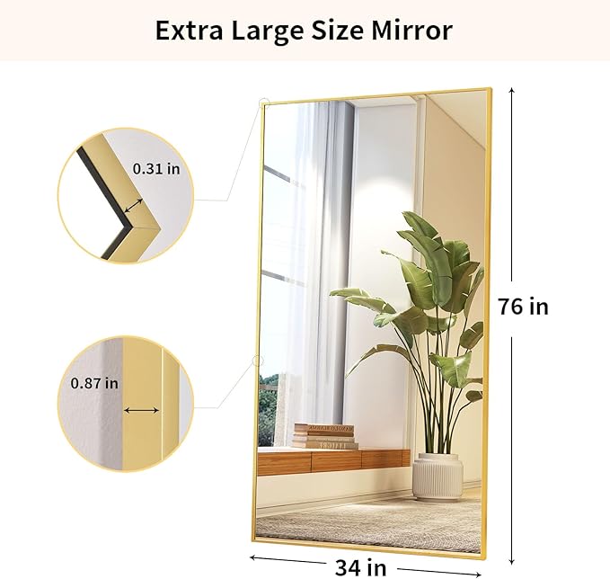 Full Length Mirror with Stand 34"x76" Full Body Mirror Floor Mirror Standing Hanging or Leaning Wall, Wall Mirror with Stand Aluminum Alloy Frame for Living Room Bedroom Cloakroom,Gold