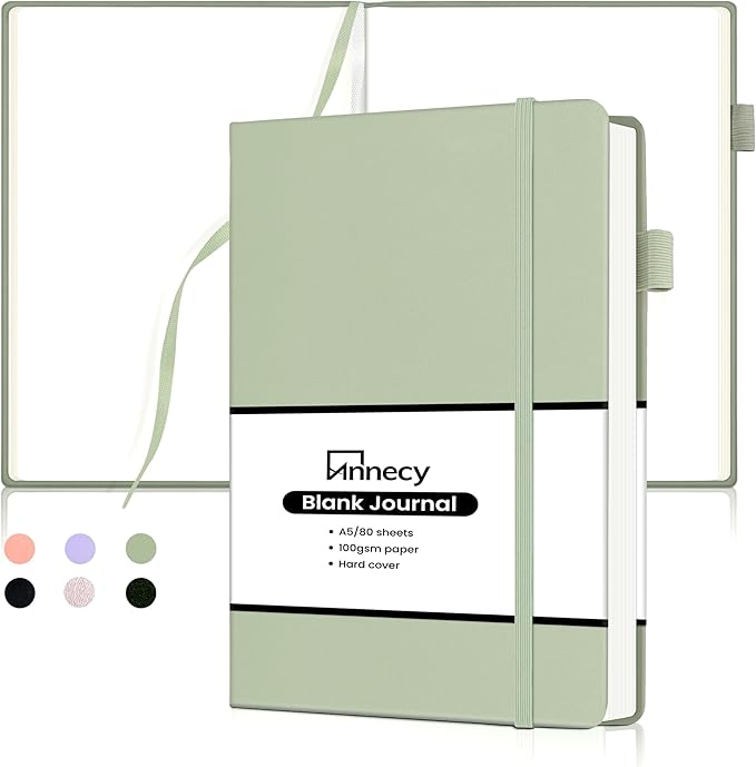 Annecy Blank Journal Notebook, Medium 5.5x 8.25, 160 Pages 100GSM Writing Paper, A5 Grey Green Faux Leather Cover with Pen Loop