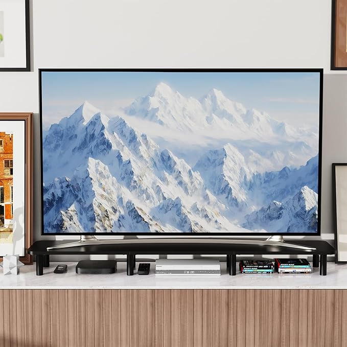 43.7" Extra Long Dual Monitor Stand Riser, Wood & Steel Monitor Stand for 2 Monitors, Wide TV Stand, Desktop Riser for Desk Organization, Home Office，Laptop,Printer,TV (Black)