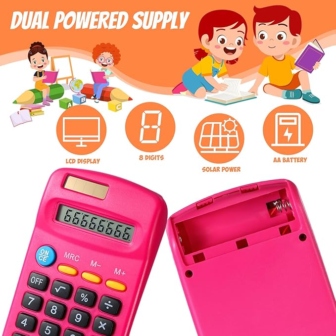 24 Pieces Basic Calculators for Students Small Pocket Size 8 Digit Display Mini Calculators Dual Powered Handheld for School Desktop Home(Rose Red)