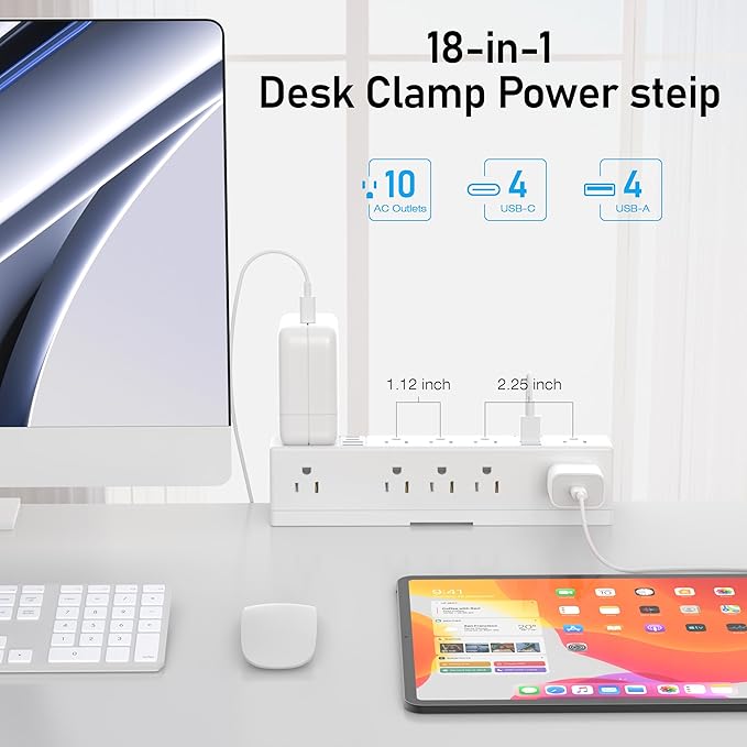 Desk Clamp Power Strip, 40W Fast Charging Station, VILONG Desktop Mount Surge Protector, 8 USB Ports(4 USB-C), 10 AC Outlets and 6Ft Cord, for Home, Office, Fit 1.6" Tabletop Edge