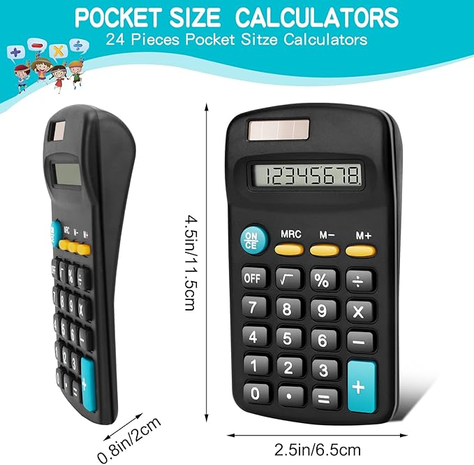 24 Pack Basic Mini Calculators - 8 Digit Display, Solar Battery & AC Power, Handheld for Office, School & Home