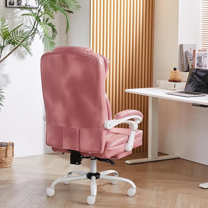 Ergonomic Office Chair with Foot Rest, Executive Chair with Footrest PU Leather Computer Chair, Big and Tall Chair Reclining Desk Chair, Thick Padded Coil Spring Seat, 400 lbs Capacity (Pink)