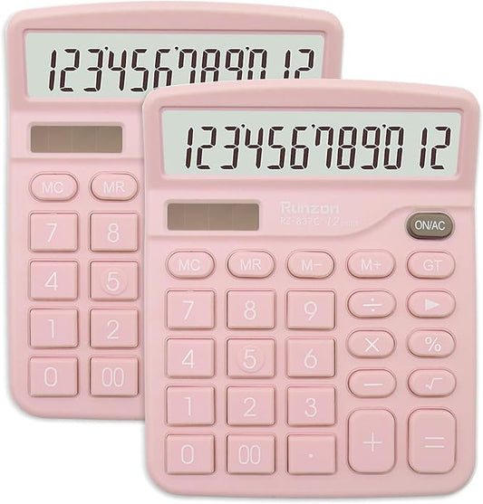 2PC Pink Calculator, Solar Battery Dual Power Calculator,Desktop Calculator 12 Digit with Large LCD Display, Pink Office Supplies with Sensitive Button, Pink Desk Accessories, School Supplies