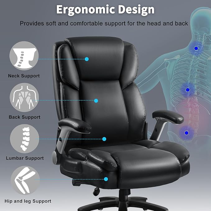 Big and Tall Office Chair 600LBS, Heavy Duty Office Chair for Heavy People, High Back Executive Office Leather Chair with Adjustable Armrests and Lumbar Support, Black Ergonomic Big Tall Chair