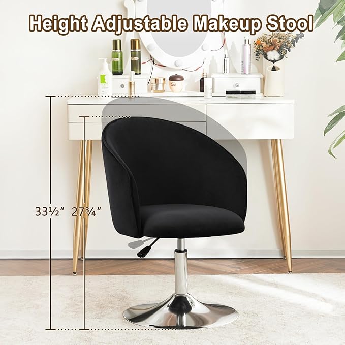Furnimart Black Velvet Adjustable Height Vanity Chair, Swivel Makeup Chair for Living Room, Bedroom, Dressing Room