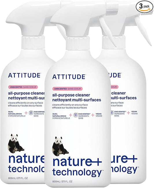 ATTITUDE All Purpose Cleaner Spray, EWG Verified, Vegan, Made with 94% Plant-Based Ingredients, Streak-Free for Kitchen, Bathroom, Glass & More, Unscented, 27.1 Fl Oz (Pack of 3)
