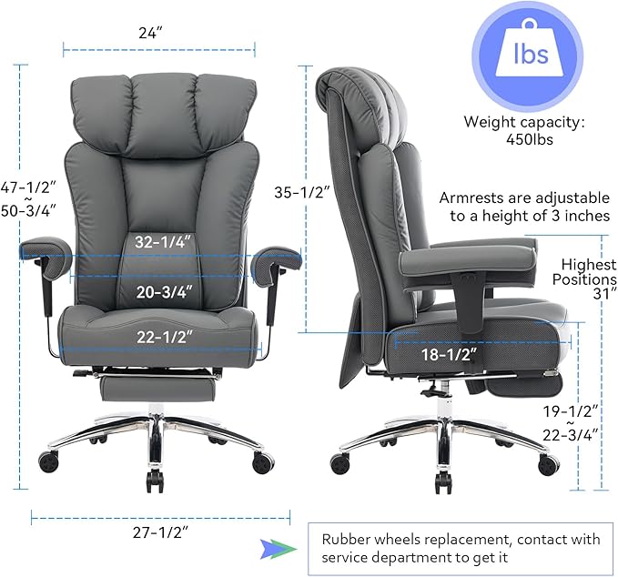 Efomao Big and Tall Office Chair 450LBS with Foot Rest, High Back PU Leather Executive Chair with Adjustable Padded Armrests, Lumbar Support for Home or Work, Heavy Duty Computer Chair, Grey