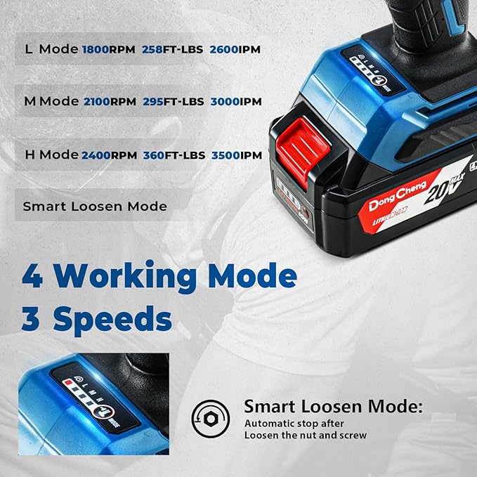 Dong Cheng 20V Brushless Impact Wrench, Max Torque 360 ft-lbs (488N.m), 1/2 inch with 3 Mode Speed, 2400 RPM Cordless Impact Gun, Includes 4.0Ah Battery, Charger, 4 Impact Sockets and Kit Bag