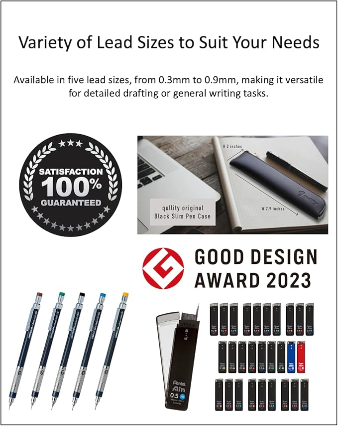 Graphlet Mechanical Drafting Pencil + Ain HB/B/2B leads, original Black slim pen case (0.9mm)