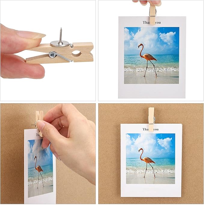 100Pcs Push Pin with Wooden Clips Tacks for Cork Board Artwork for Bulletin Board Crafts Arts Projects Photo Supplies(Wood Color)