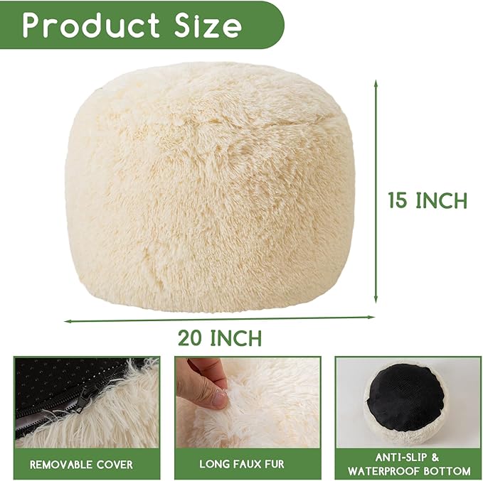 HIGOGOGO Round Stuffed Pouf Ottoman, Long Faux Fur Poufs with Foam Chunk Filling, Fluffy and Furry Pouf Foot Stool Storage Ottoman, 20 X 15 Floor Poufs Foot Rest for Living Room, Beige