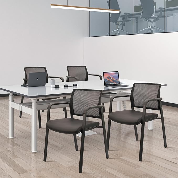 CLATINA Stackable Office Chair, Mesh Back Guest Chairs with Comfortable Leather Seat Arms Stacking Ergonomic Desk Chair No Wheels for Conference Waiting Reception School Side Stationary, Black