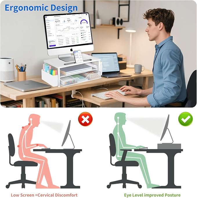 AUPSEN White Monitor Stand Riser, 2-Tier Wood Computer Desk Organizer with Drawer, Pen Storage & Phone Holder ，Office Desk Accessories Desktop Organizer for Office Supplies