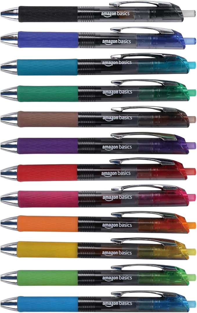 Amazon Basics Gel Pens Fine Point Smooth Writing Pens, Retractable, Assorted, 0.7mm, 12 Pack