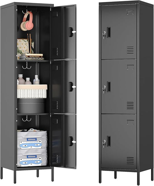 Aobabo 16" W 3 Door Metal Storage Locker with Lock, 66" H Steel Locker with Name Card Holder and Metal Hook for School, Home, Office, Playroom, Assembly Required, Black