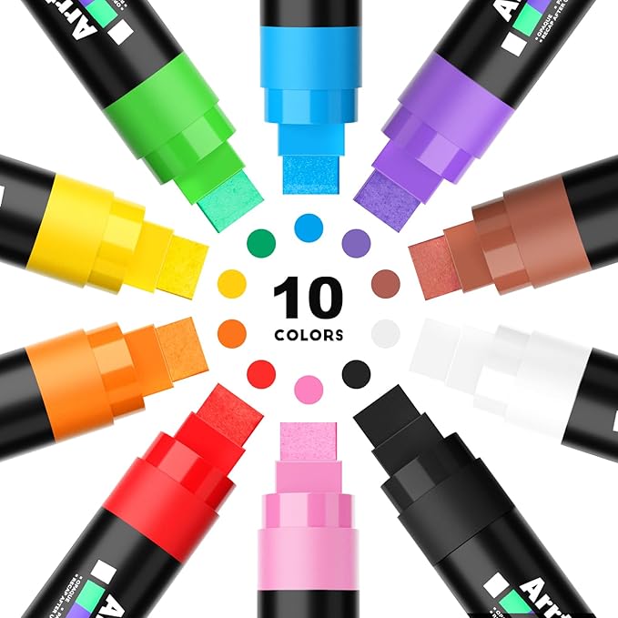 Arrtx 10-Piece Jumbo Acrylic Paint Markers, 15mm Felt Tip, Waterproof, Odorless, Non-Toxic, Multi-Surface Art Supplies for Rock Painting, DIY Crafts Making