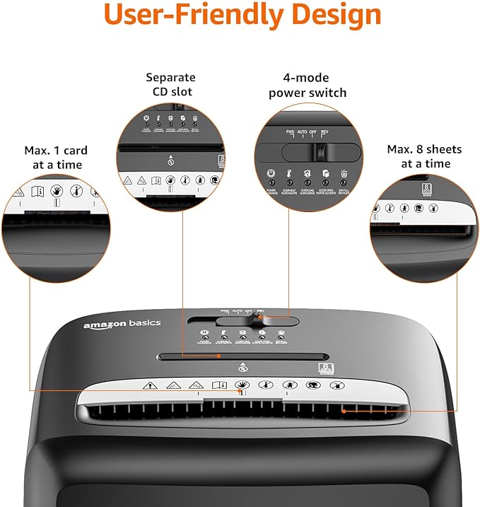 Amazon Basics Micro Cut Paper Shredder, CD, and Credit Card Shredder, 8 Sheet (New Model), Black