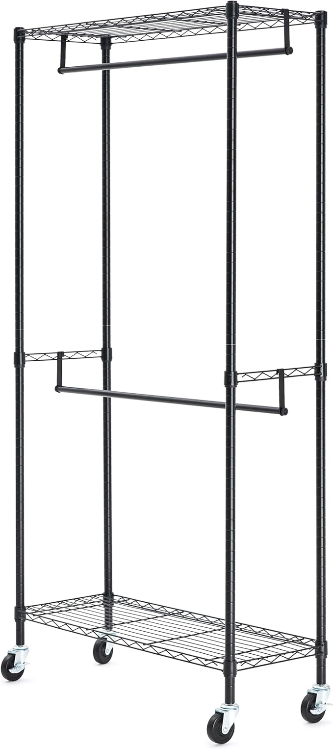 Amazon Basics Adjustable, Double Hanging Rod Garment Rolling Closet Organizer Rack with Wheels, Heavy Duty, Black, 36'' x 14'' x 72'', WI-GAR1436B
