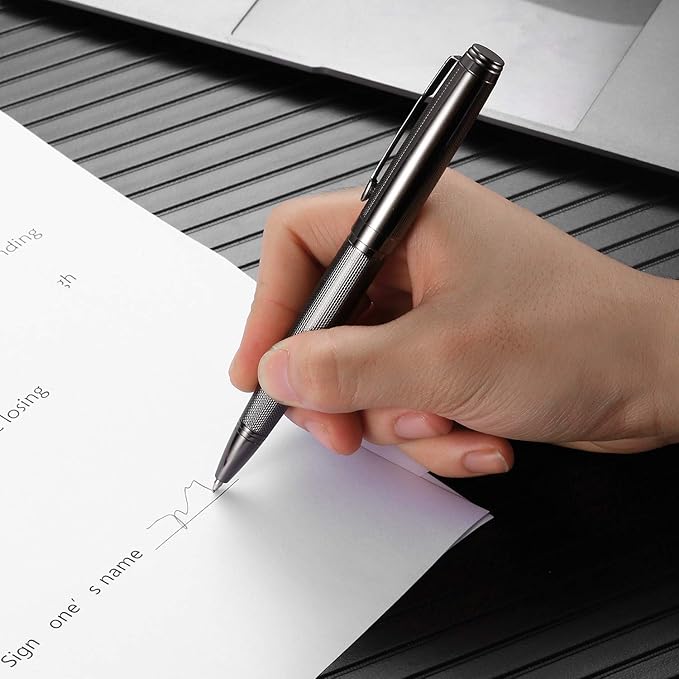 Ballpoint Pen with Gift Box for Men Women,Luxury Stainless Steel Retractable Pen Executive Home Office Use, and 2 Extra Refills Black Ink 1.0mm B2 (full gray)
