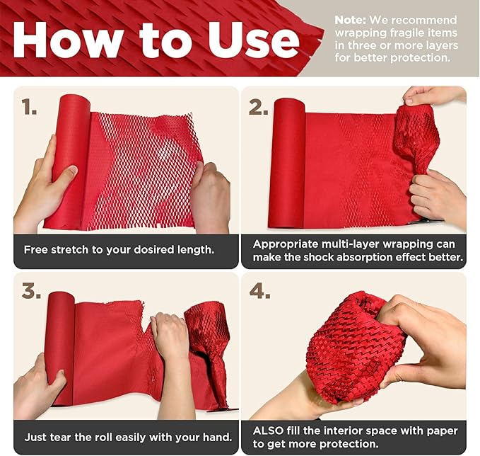 Honeycomb Packing Paper, 12"x400' Red | Perforated Honeycomb Packing Paper Recyclable Moving Supplies for Shipping & Moving | Plastic-Free Alternative to Bubble Cushion Wrap with 36 Fragile Stickers