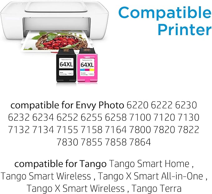 64XL Ink Cartridge Compatible for HP 64 Ink Cartridges Black/Color ComboPack Compatible for HP Ink 64 Fit for Envy Photo 7855 7858 7100 7155 7120 7800 7158Inspire 7950e 7955e Tango Printer