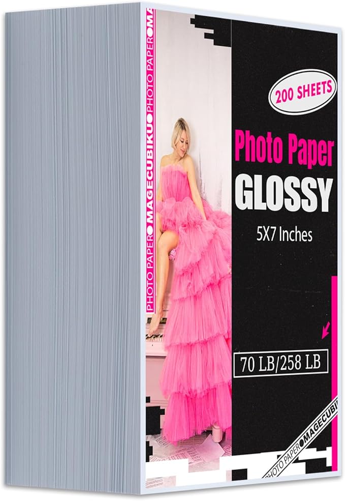 Glossy Photo Paper 5x7 Inches,200 Sheets 70 lb/258 gsm Premium Heavyweight Photographic Paper for Inkjet Printer Instant Dry Professional Postcard Picture Use Dye Ink