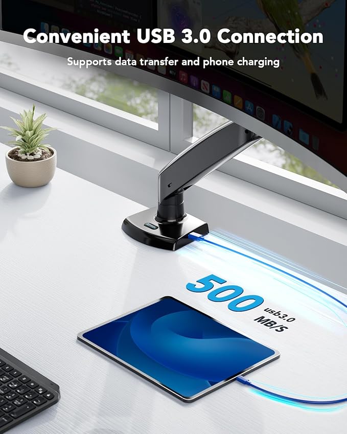 HUANUO Single Monitor Arm for 40 inch Screens, Ultrawide Computer Monitor Mount Holds 26.48 lbs, Upgraded Adjustable Stand with USB, C-Clamp & Grommet Base, VESA 75x75 or 100x100mm