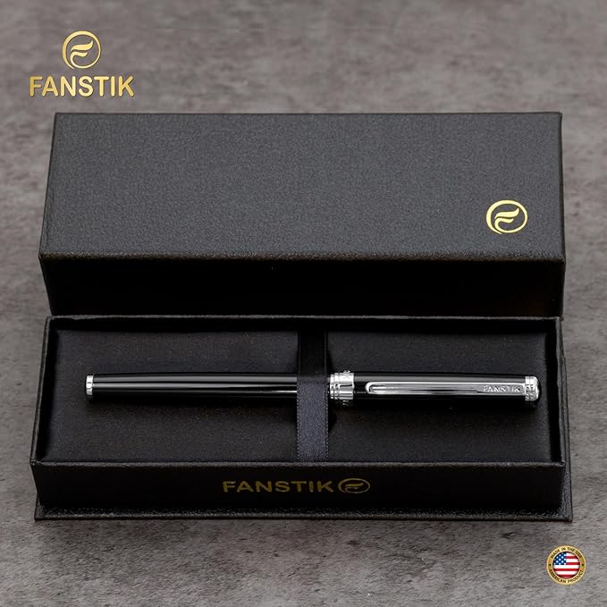 Black & Silver Luxury fountain pen (Made In USA) fancy gift set for women, Chrome Finish, Professional executive pen gift set for men (Lux fountain Black-Silver)