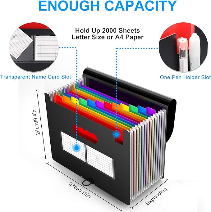4 Pack Expanding File Folder with Blank Label, 12 Pocket Accordian File Organizer Document Storage Organizer, Desktop Accordion Folders File Keeper A4 Letter Size for Home School Office