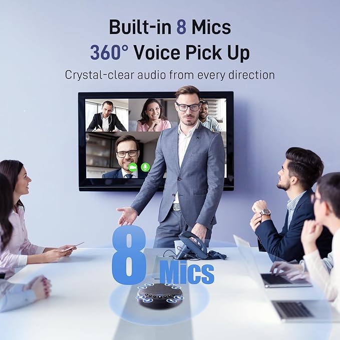 EMEET Conference Speaker and Microphone w/8 Mics, 360° Voice Pickup, Noise Reduction, Bluetooth/USB/Dongle Speakerphone for 10 People w/Daisy Chain for 18, Compatible w/Leading Platforms, 2024 Version