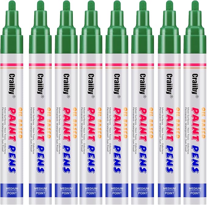 Green Paint Markers, 8 Pack Oil-Based Waterproof Quick Dry Permanent Paint Pen Set for Rocks Painting, Wood, Fabric, Plastic, Canvas, Glass, Mugs, Metal, Tire, Stone, DIY Craft