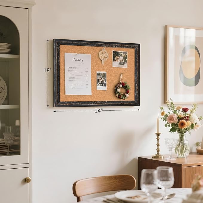 Cork Board Bulletin Board - 24" x 18" - Rustic Black Frame Corkboard for Wall - Decorative Pin Board, Message Board, Vision Board, Picture Board, Photo Board