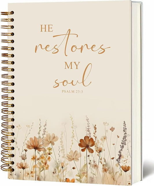 Bible Notebook, A5 Spiral Christian Journal, Bible Verse-He Restores My Soul, Inspirational Notebooks for Women, Bible Study, Gift for Birthday Christmas, Office Supplies (Light coffee color)