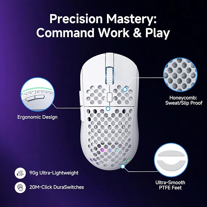 DIERYA M1 Wireless Gaming Mouse, 24000DPI, 180Hrs Battery, 16.8M RGB, 6 Programmable Buttons, Lightweight, Tri-Mode (2.4G/BT5.2/USB-C) for PC/Mac/Laptop - White