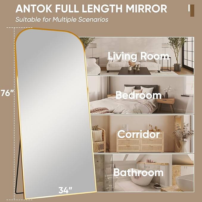 Antok Full Length Mirror, 76"x34" Floor Mirror Freestanding, Arched Floor Standing Large Mirror Full Body Mirrors with Stand for Bedroom, Hanging Mounted Mirrors for Living Room, Gold