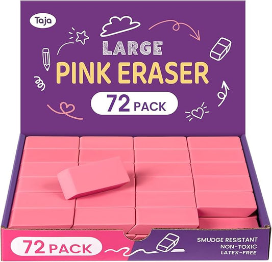 72 Pack Pink Erasers Bulk, Large Pencil Erasers for School, Classroom, Teacher, Homeschool, and Office Supplies