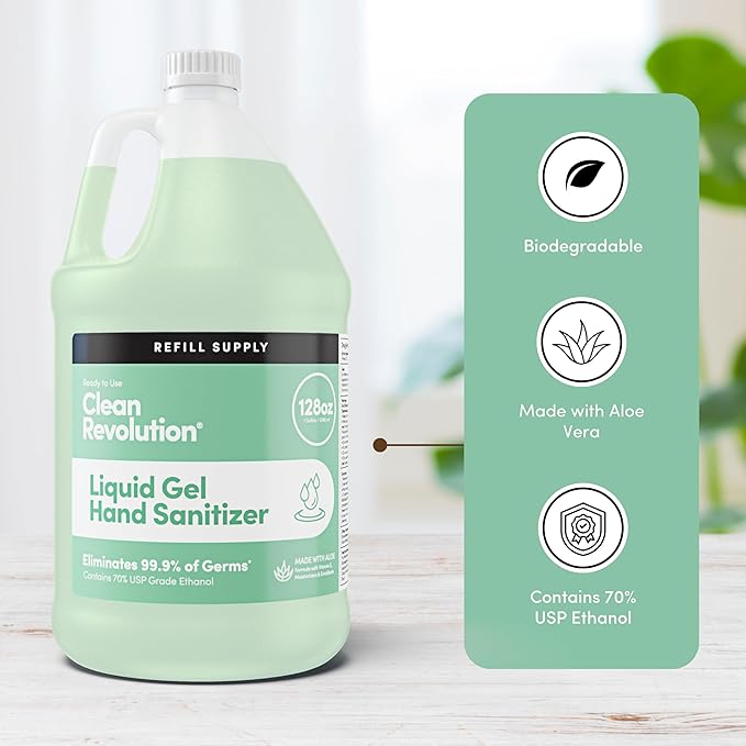 Clean Revolution Liquid Gel Hand Sanitizer, 128 Fl. Oz Refill Supply Container| Eliminates 99.9% of Germs | Gentle & Aloe Enriched | 70% USP Medical Grade Ethanol, Medical Facility Compliant