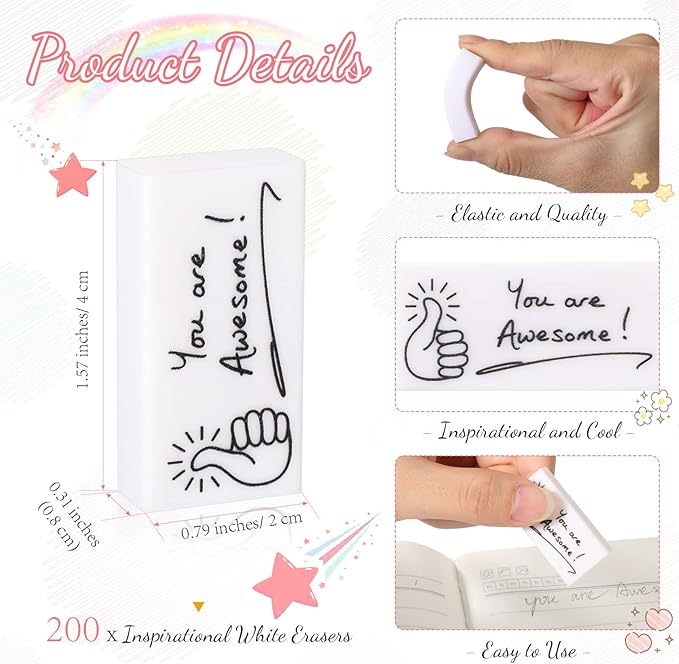 Fuutreo 200 Pcs Welcome Back to School Gifts for Students Inspirational Pencil Erasers Bulk You are Awesome White Cute Fun Erasers First Day of School Gifts Classroom Prizes from Teachers