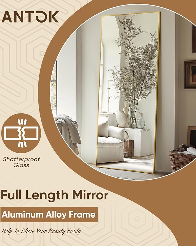 Antok Full Length Mirror, 59"x18" Floor Mirror, Floor Standing Freestanding Full Body Mirror with Stand for Bedroom, Hanging Mounted for Living Room Cloakroom, Gold