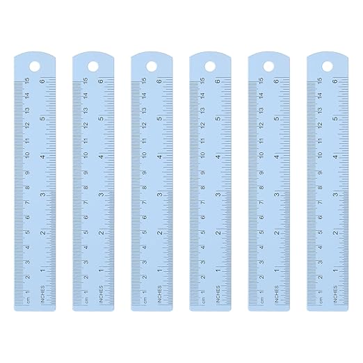 HARFINGTON 6pcs Metal Straight Ruler 15cm Metric SAE Aluminum Alloy Measuring Rulers Scale Tool with Hole for Measure Study Reading Classroom Office, Light Blue