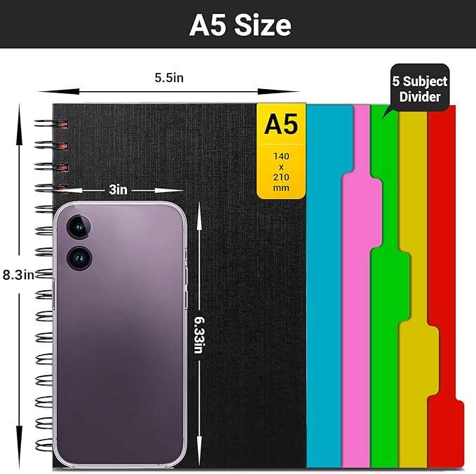 EUSOAR Hardcover Spiral Notebook, 6 Pack A5 5.5"x 8.3", 5 Subject Notebook, 120 Sheets/ 240 Pages, Premium Thick 100gsm, Large Journal Notebooks with Dividers for School Office Note Taking Gift