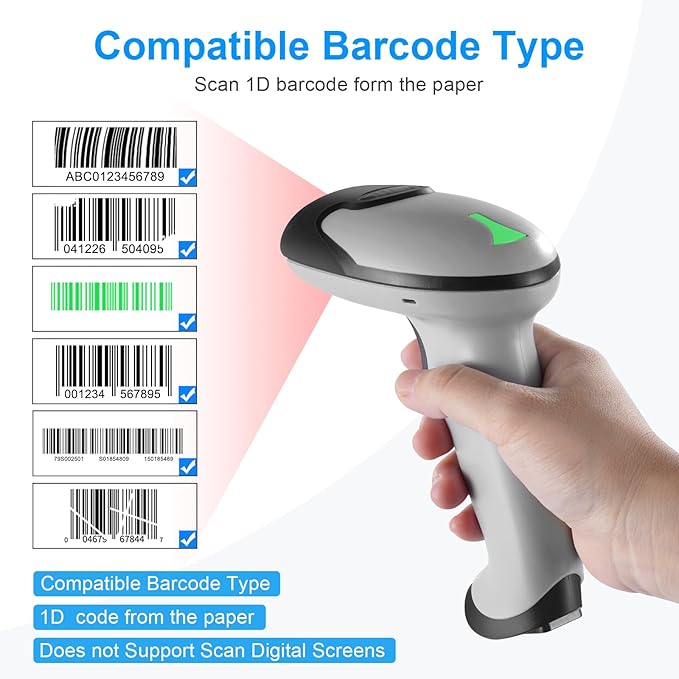Barcode Scanner with Stand, JRHC Wireless 1D Laser Bar Code Scanners 2.4G Wireless & USB Wired Connection Plug and Play Handheld Bar Code Reader
