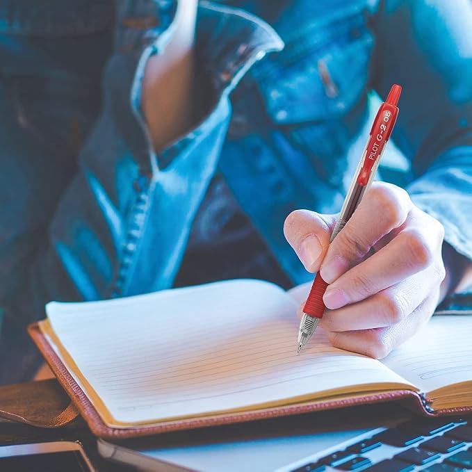 G2 Retractable Premium Gel Ink Roller Ball Pens Extra Fine Point (.5mm) Blue Ink 5 pack; Refillable & Premium Comfort Grip Bundle with Plastic Reusable Pouch