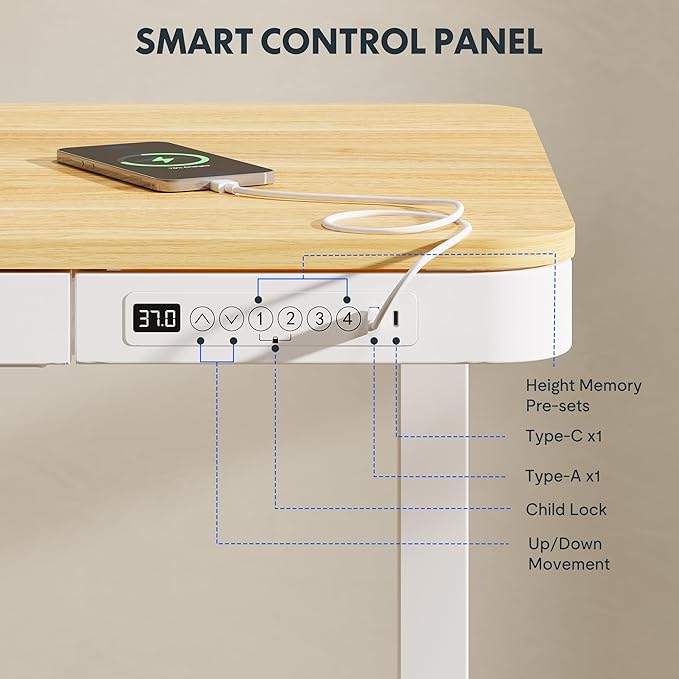 FLEXISPOT Comhar Electric Standing Desk with Drawers Charging USB Port, Height Adjustable 48" Whole-Piece Quick Install Home Office Computer Laptop Table with Storage (Maple Top + White Frame)